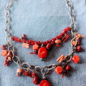 Chico's Red and Silver Layered Necklace with Beads